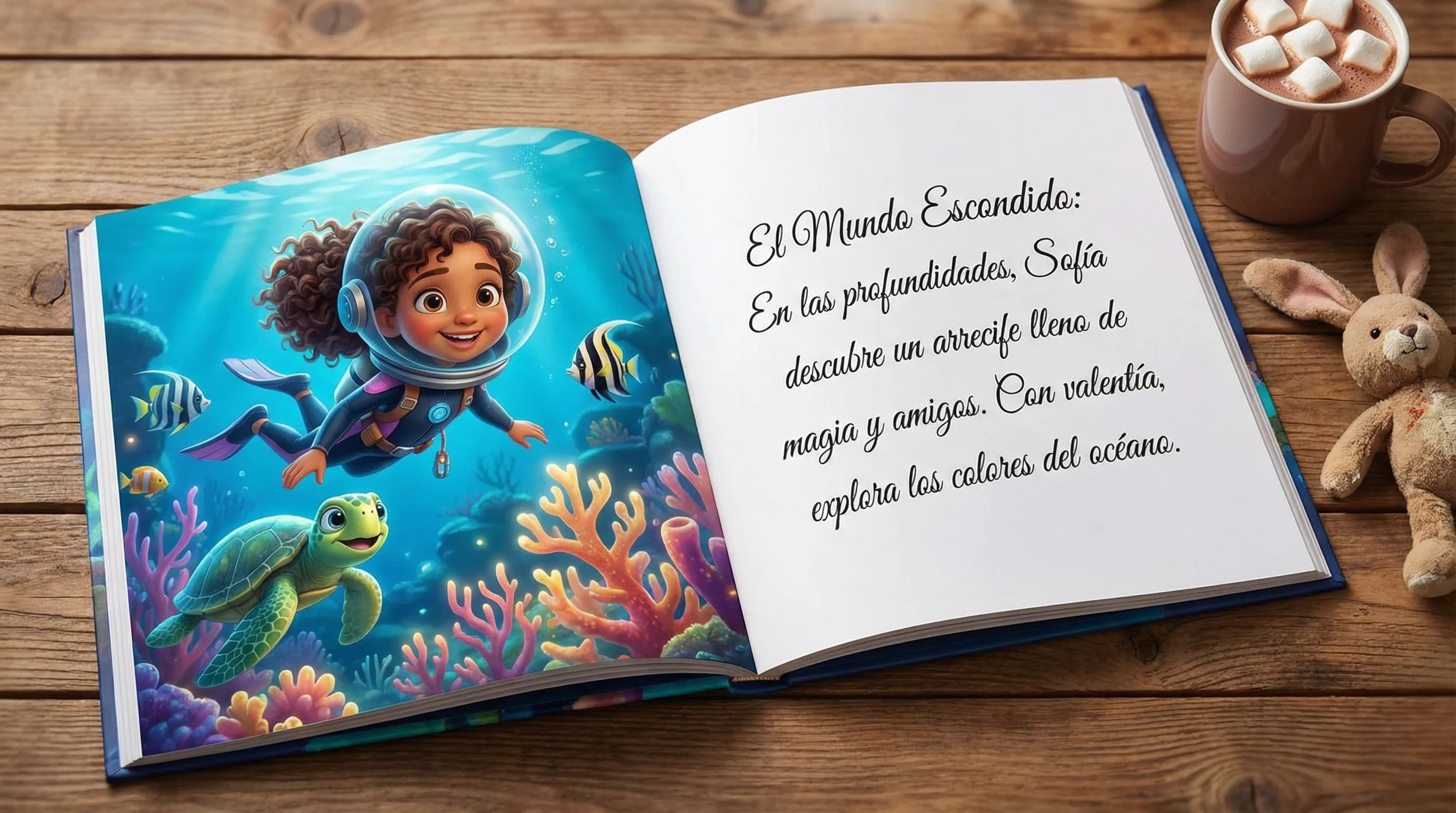 Doble página de un cuento ilustrado abierto