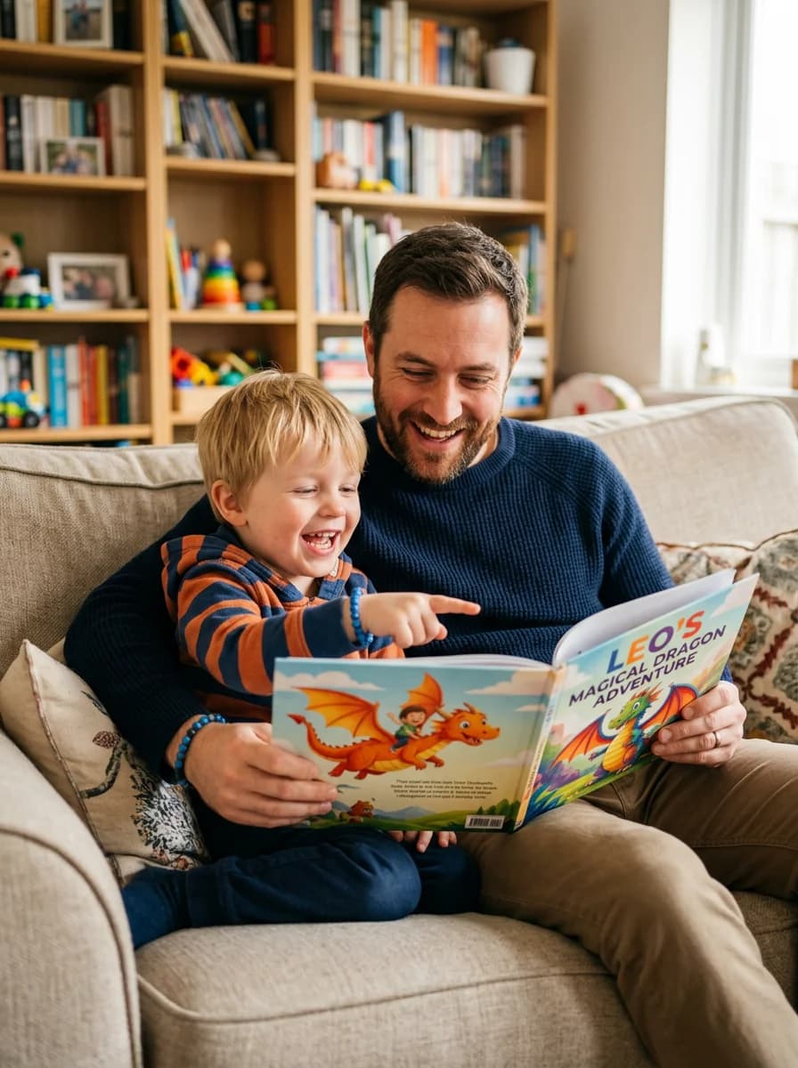 Padre e hijo leyendo un cuento de dragones juntos
