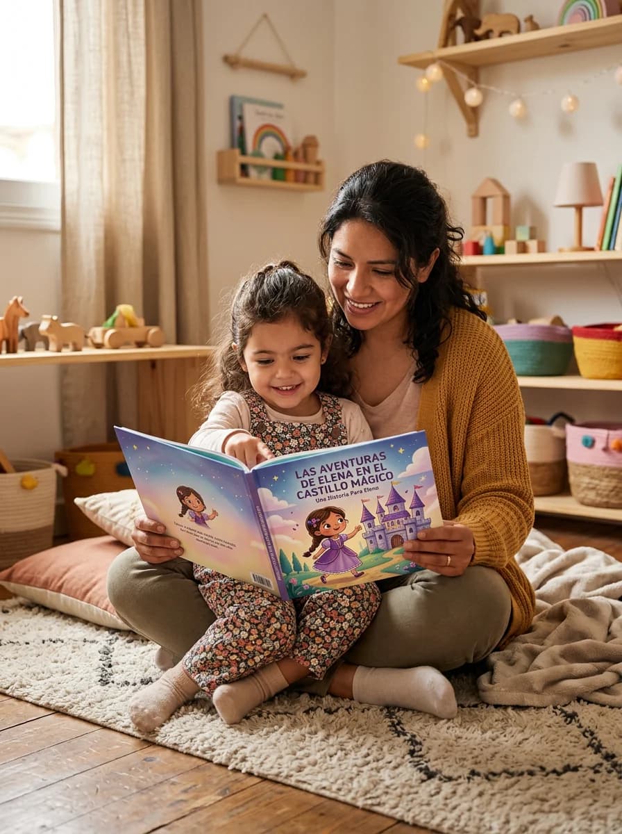 Madre leyendo un cuento personalizado con su hija
