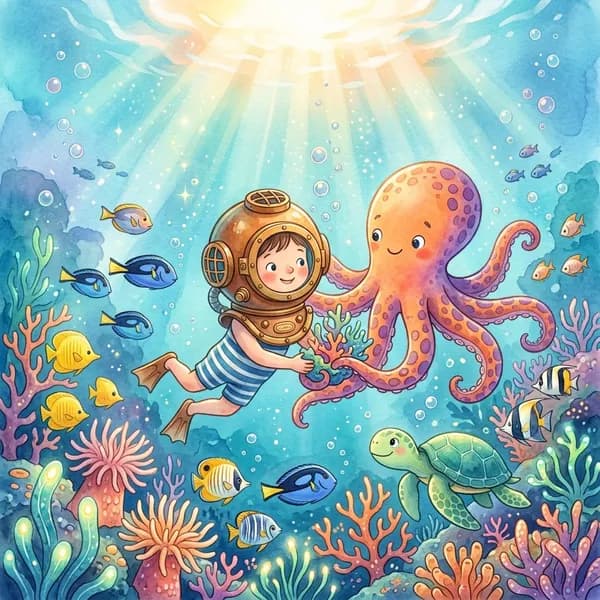 Ilustración de un cuento infantil submarino personalizado