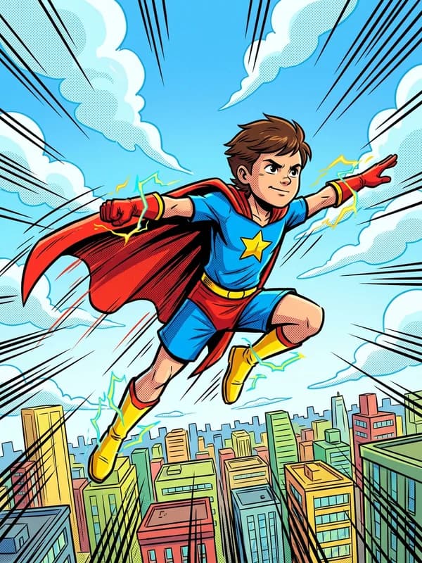 Ilustración estilo comic de un niño de 10 años como protagonista de una aventura