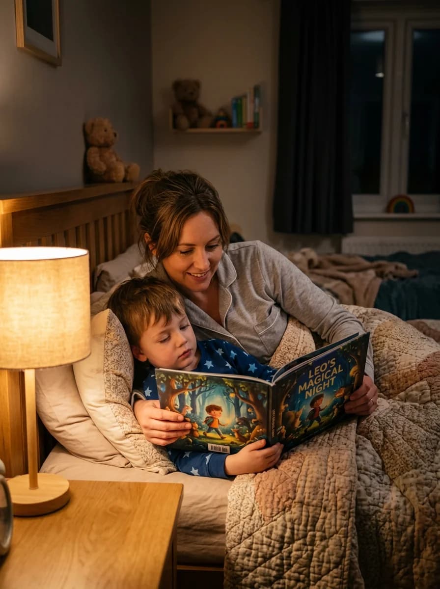 Parent reading a bedtime story to child, showing the evolution of storytelling
