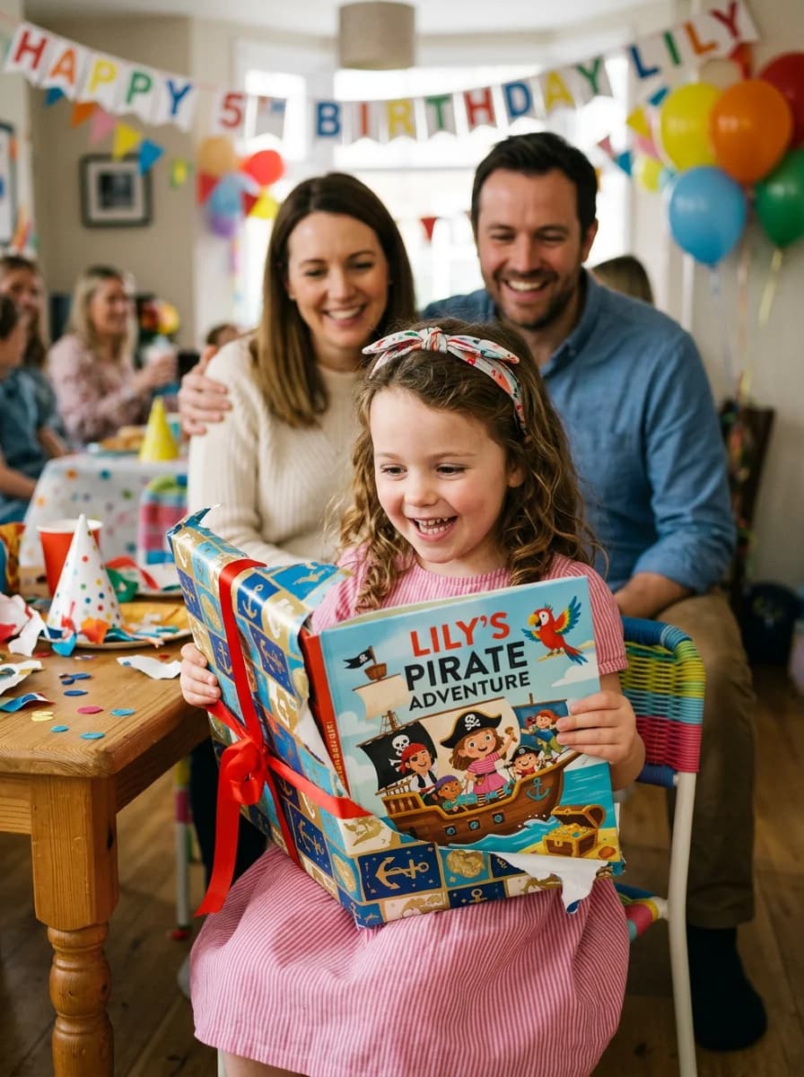 Family celebrating a new baby with a personalized storybook