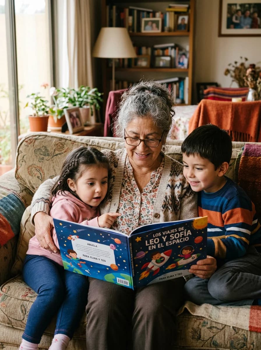 Grandmother reading an AI-personalized story to her grandchild