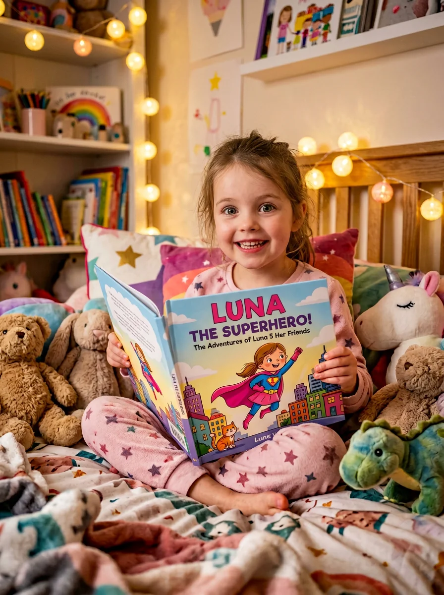 Niña emocionada con su cuento personalizado