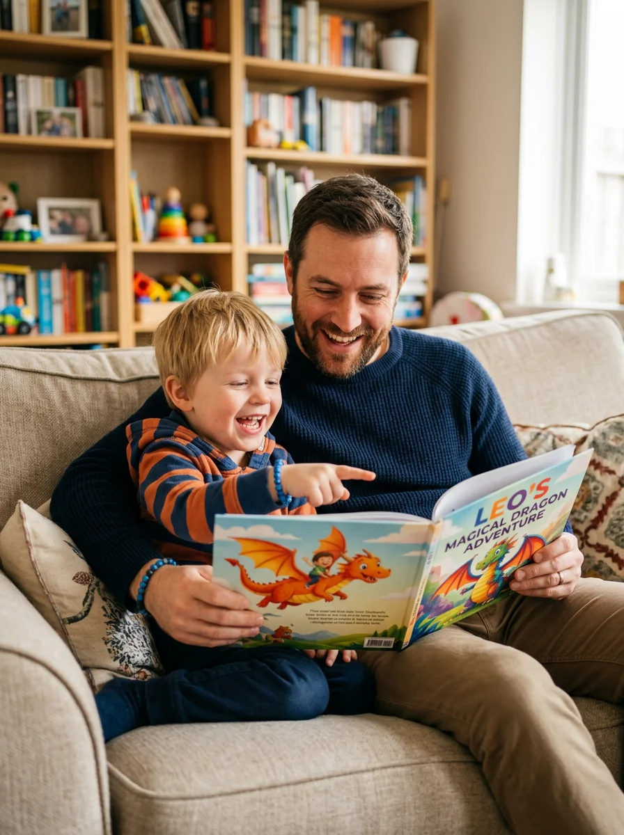 Padre e hijo leyendo un cuento de dragones juntos