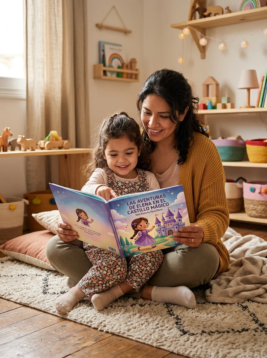 Madre leyendo un cuento personalizado con su hija